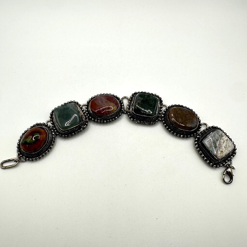 8.5" Vintage silver tone‎ heavy bracelet with multi-colored agates!